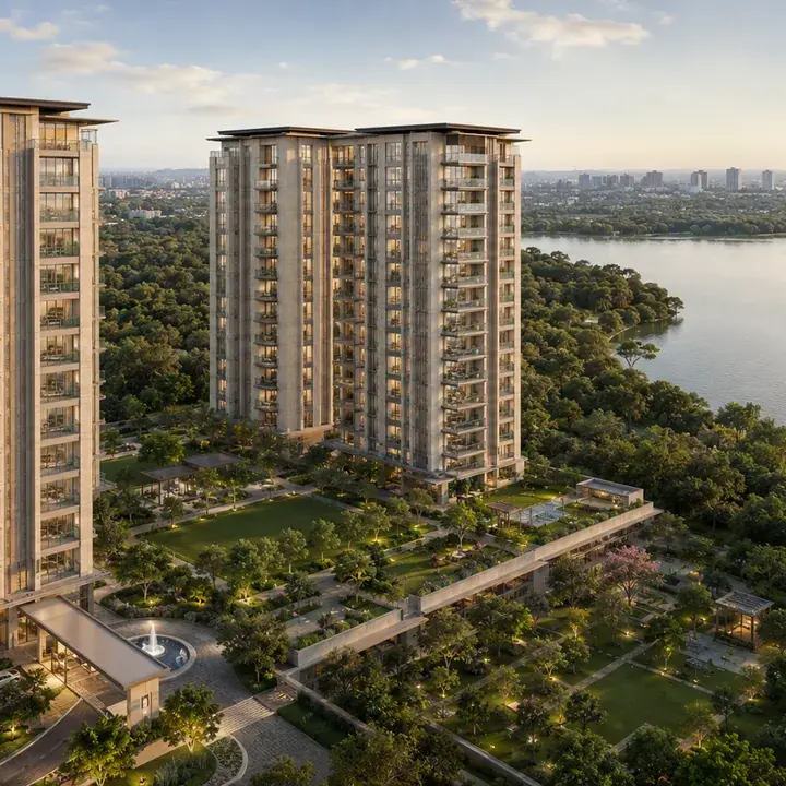 SNN Raj Azaleas aerial view of the lake-adjacent boutique towers set in landscaped open space on Haralur Main Road, Bengaluru