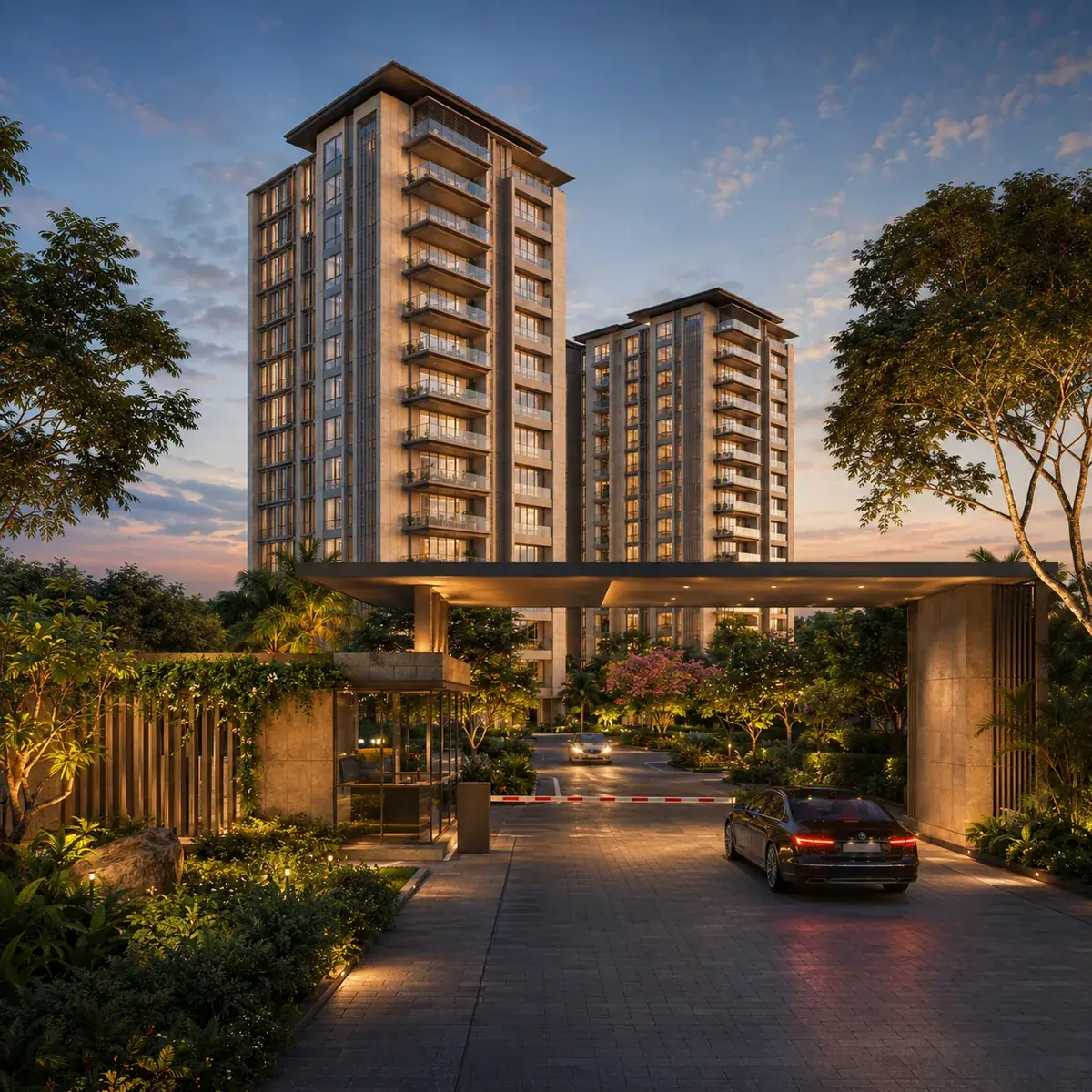SNN Raj Azaleas gated entrance and landscaped arrival driveway with the towers behind by SNN Estates