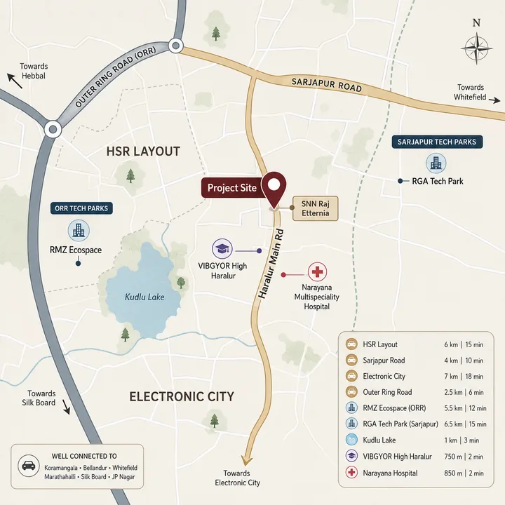 SNN Raj Azaleas location map showing Haralur Main Road, Sarjapur Road, HSR Layout, the Outer Ring Road tech parks, Kudlu Lake, SNN Raj Etternia and Electronic City